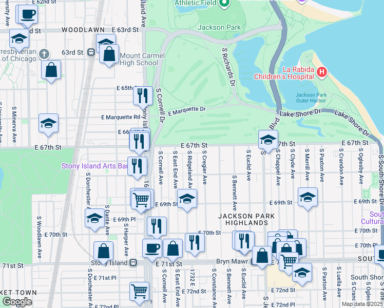 map of restaurants, bars, coffee shops, grocery stores, and more near 15 South Ridgeland Avenue in Chicago