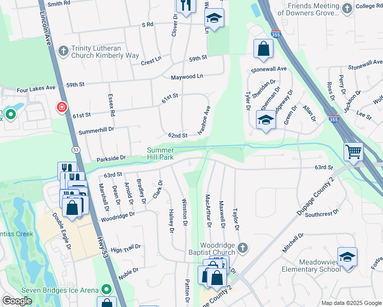 map of restaurants, bars, coffee shops, grocery stores, and more near 3124 63rd Street in Woodridge