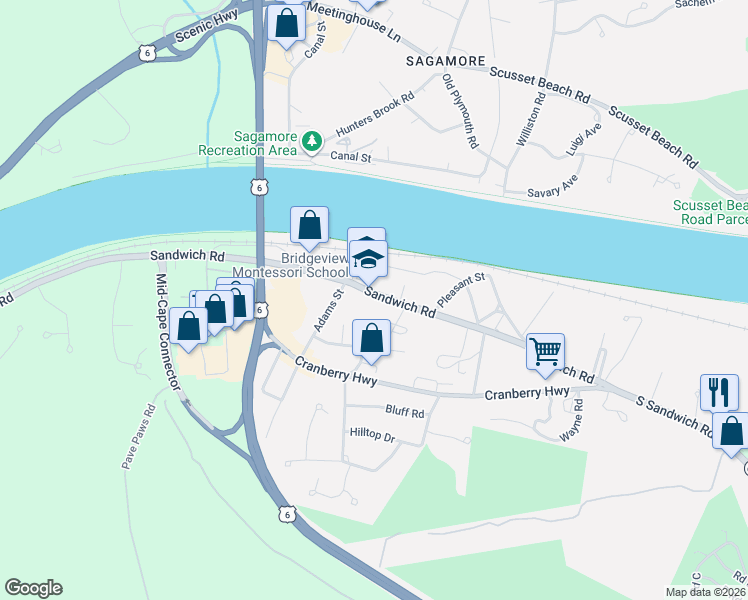 map of restaurants, bars, coffee shops, grocery stores, and more near 885 Sandwich Road in Bourne