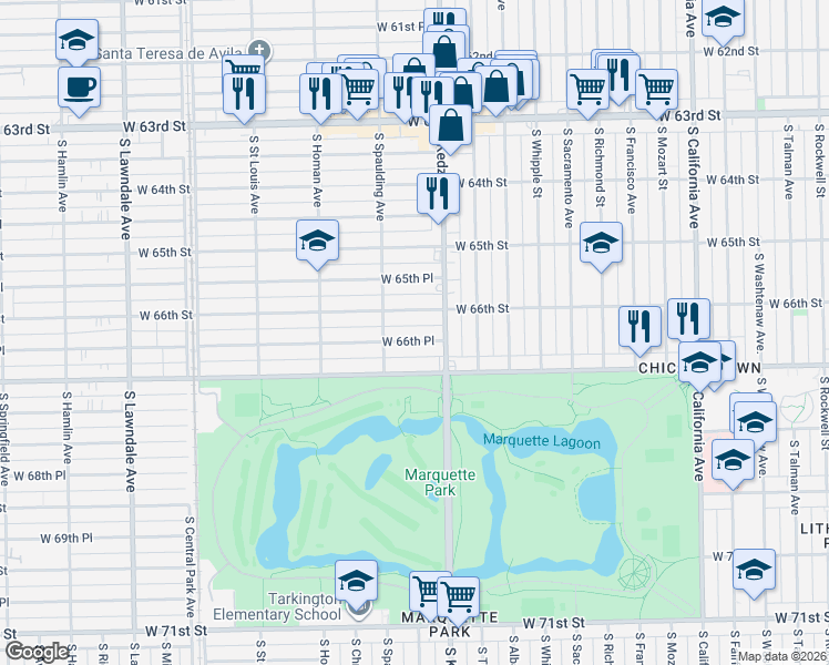 map of restaurants, bars, coffee shops, grocery stores, and more near 3206 West 66th Street in Chicago