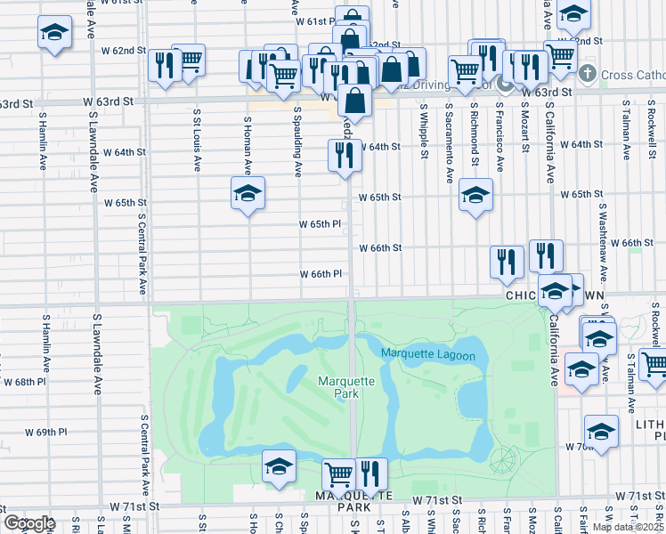 map of restaurants, bars, coffee shops, grocery stores, and more near 3206 West 66th Street in Chicago
