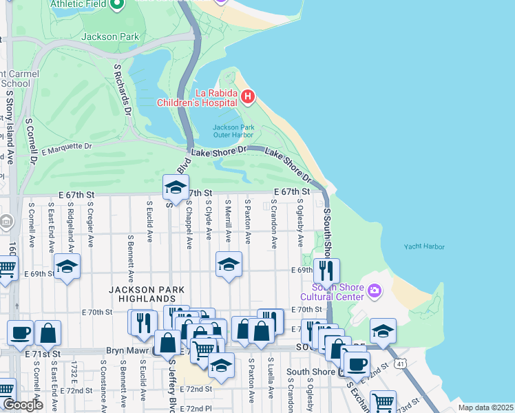 map of restaurants, bars, coffee shops, grocery stores, and more near 6721 South Paxton Avenue in Chicago