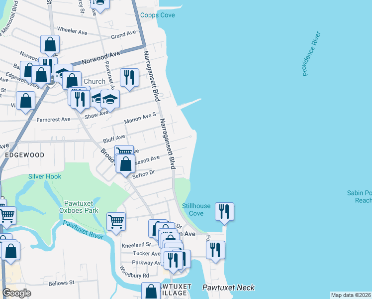 map of restaurants, bars, coffee shops, grocery stores, and more near 25 Harbour Terrace in Cranston