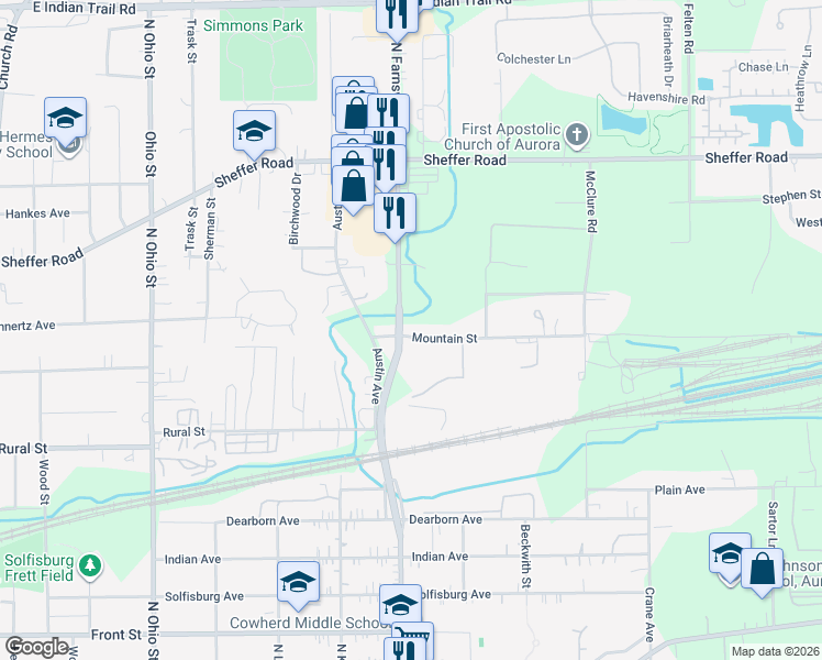 map of restaurants, bars, coffee shops, grocery stores, and more near 735 North Farnsworth Avenue in Aurora