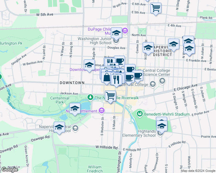 map of restaurants, bars, coffee shops, grocery stores, and more near 130 West Jefferson Avenue in Naperville
