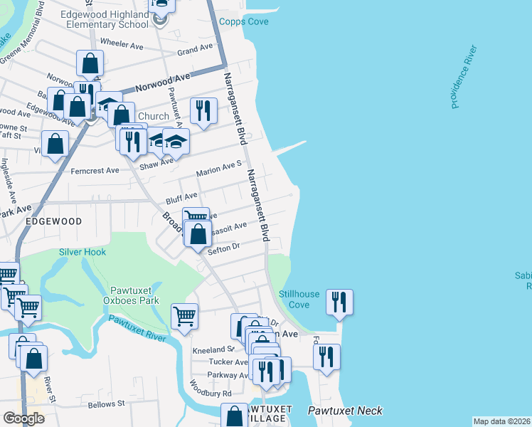 map of restaurants, bars, coffee shops, grocery stores, and more near 3 Fairview Avenue in Cranston