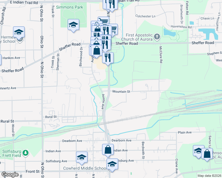 map of restaurants, bars, coffee shops, grocery stores, and more near 735 North Farnsworth Avenue in Aurora