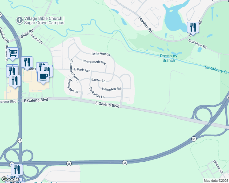 map of restaurants, bars, coffee shops, grocery stores, and more near 276 Hampton Road in Sugar Grove