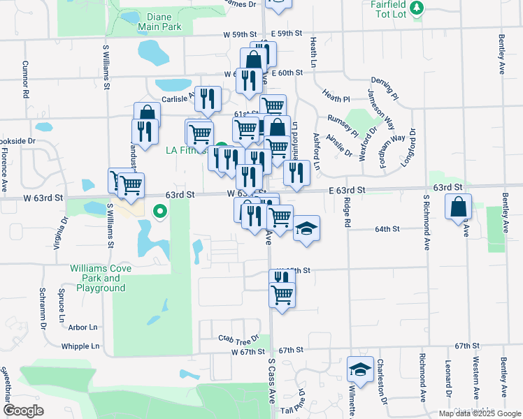 map of restaurants, bars, coffee shops, grocery stores, and more near in Westmont