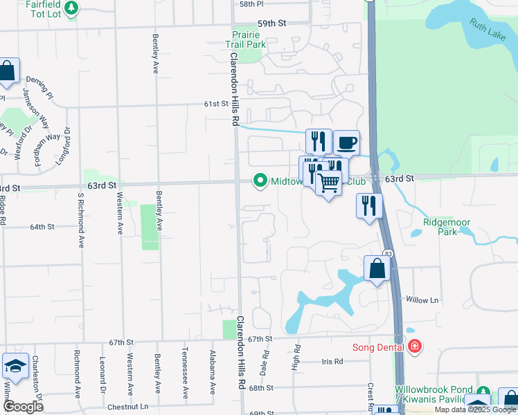 map of restaurants, bars, coffee shops, grocery stores, and more near 315 63rd Street in Willowbrook