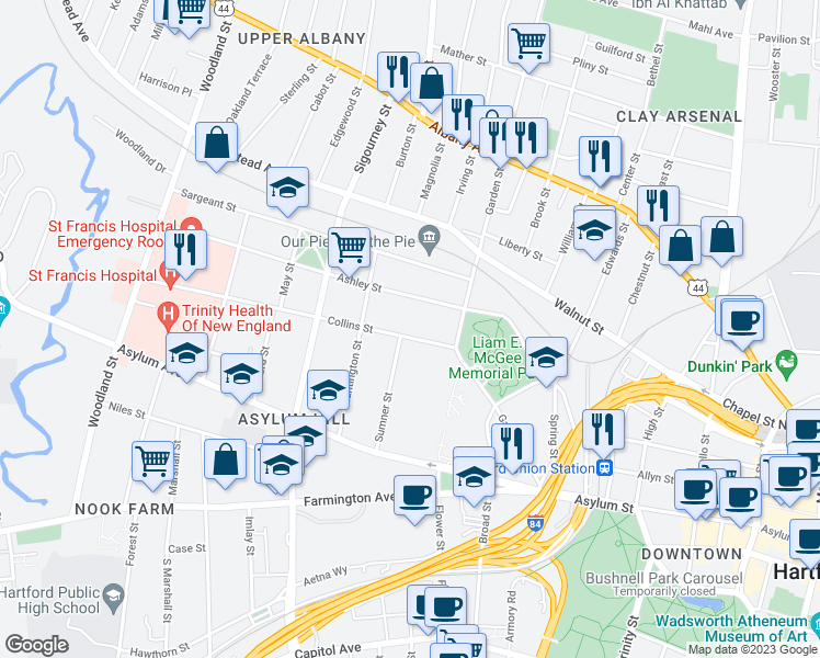 map of restaurants, bars, coffee shops, grocery stores, and more near 150 Collins Street in Hartford