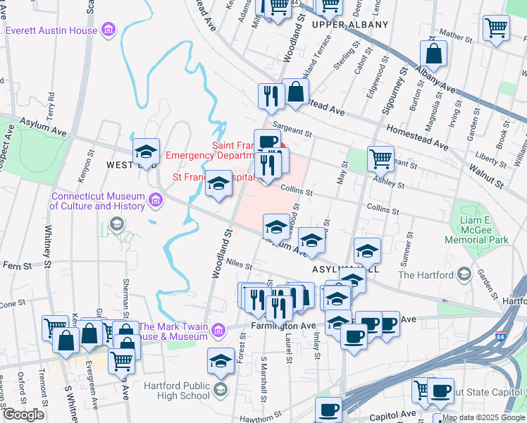 map of restaurants, bars, coffee shops, grocery stores, and more near 1000 Asylum Avenue in Hartford