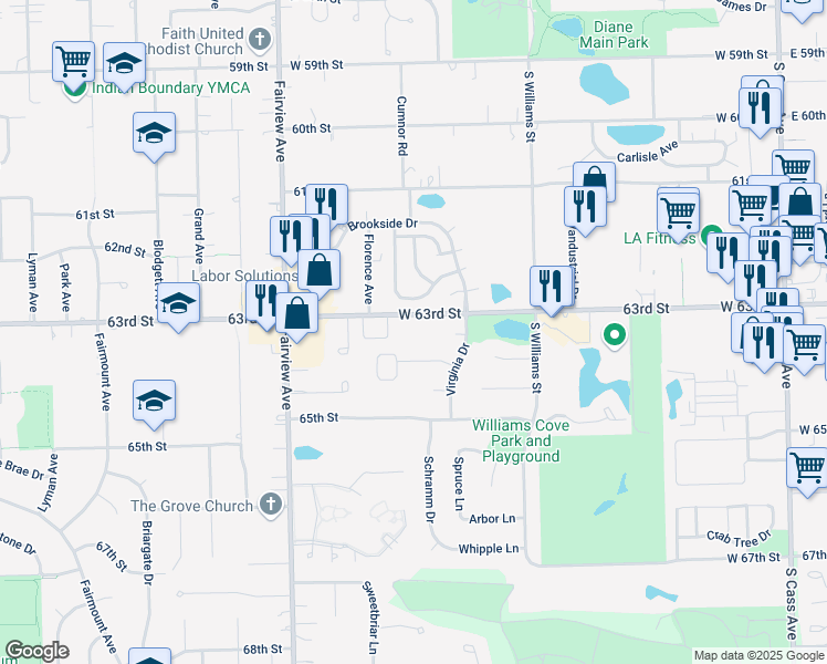 map of restaurants, bars, coffee shops, grocery stores, and more near 407 West 63rd Street in Westmont