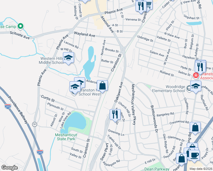 map of restaurants, bars, coffee shops, grocery stores, and more near 16 Charles Street in Cranston