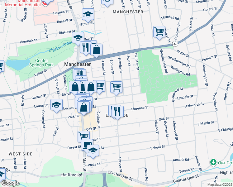 map of restaurants, bars, coffee shops, grocery stores, and more near 91 Spruce Street in Manchester