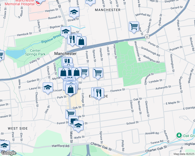 map of restaurants, bars, coffee shops, grocery stores, and more near 91 Spruce Street in Manchester