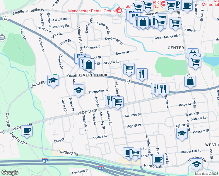 map of restaurants, bars, coffee shops, grocery stores, and more near 12 McKee Street in Manchester