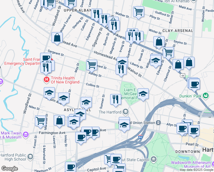 map of restaurants, bars, coffee shops, grocery stores, and more near 59 Ashley Street in Hartford