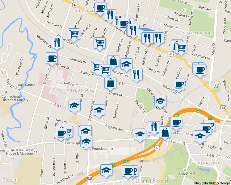 map of restaurants, bars, coffee shops, grocery stores, and more near 59 Ashley Street in Hartford