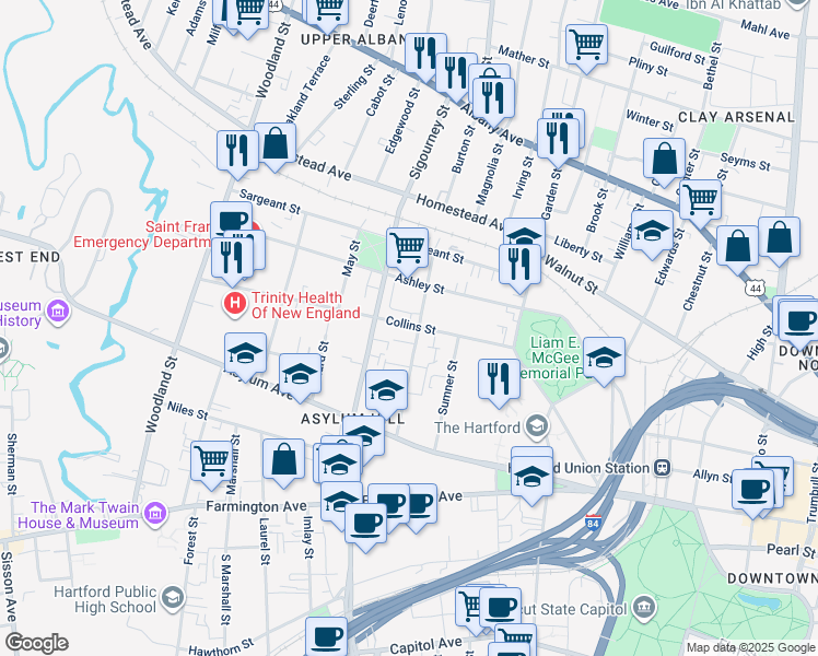 map of restaurants, bars, coffee shops, grocery stores, and more near 95 Huntington Street in Hartford