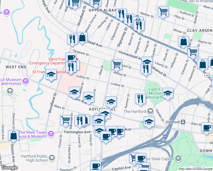 map of restaurants, bars, coffee shops, grocery stores, and more near 236 Collins Street in Hartford
