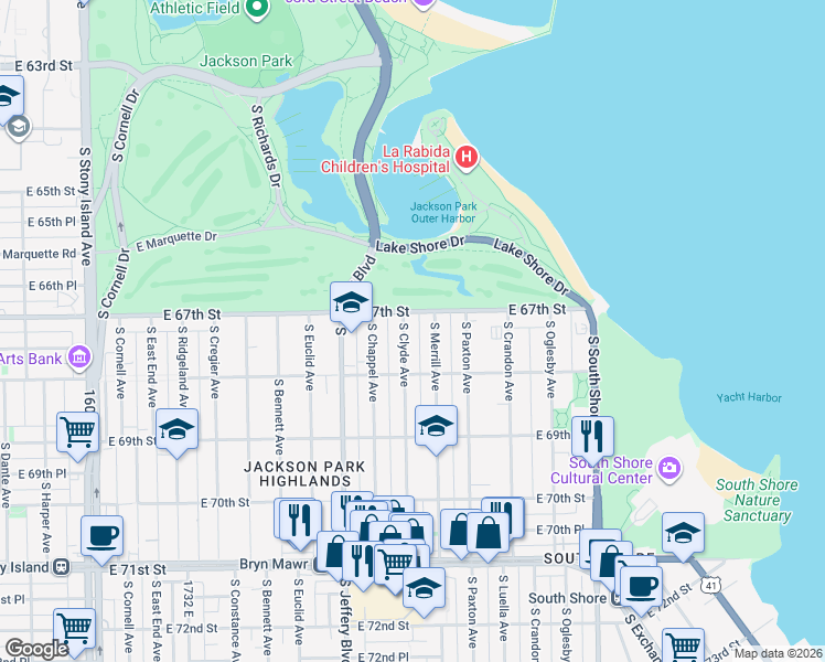 map of restaurants, bars, coffee shops, grocery stores, and more near 6714 South Chappel Avenue in Chicago