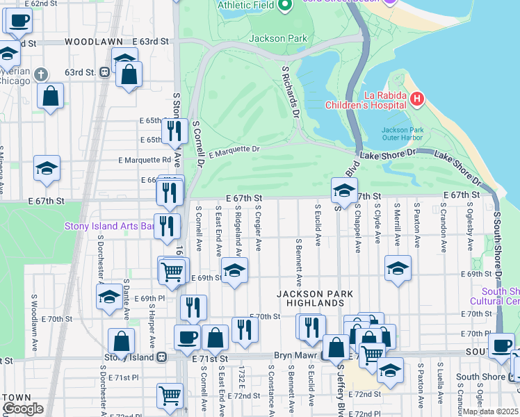 map of restaurants, bars, coffee shops, grocery stores, and more near 1747 East 67th Street in Chicago