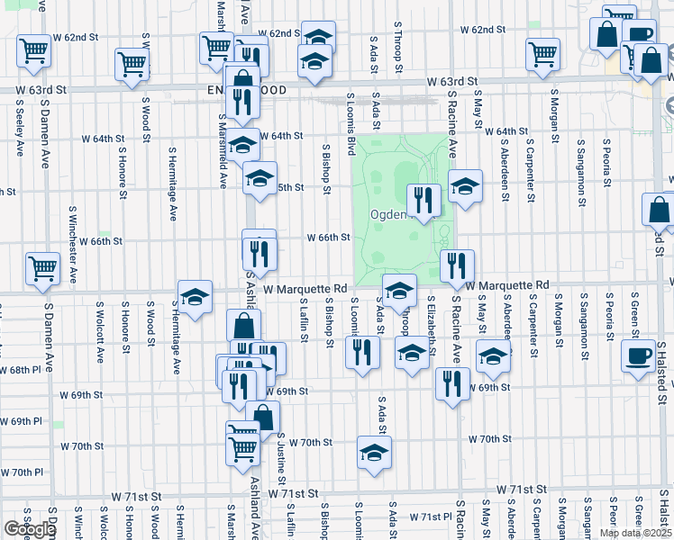 map of restaurants, bars, coffee shops, grocery stores, and more near 6617 South Bishop Street in Chicago