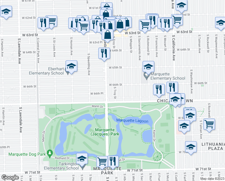 map of restaurants, bars, coffee shops, grocery stores, and more near 3138 West 66th Street in Chicago