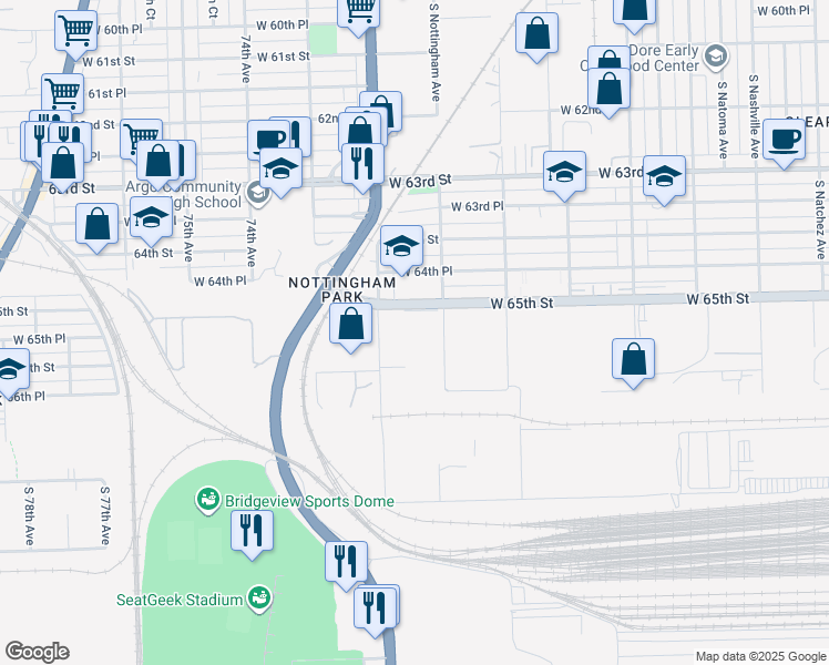 map of restaurants, bars, coffee shops, grocery stores, and more near 7123 West 65th Street in Bedford Park