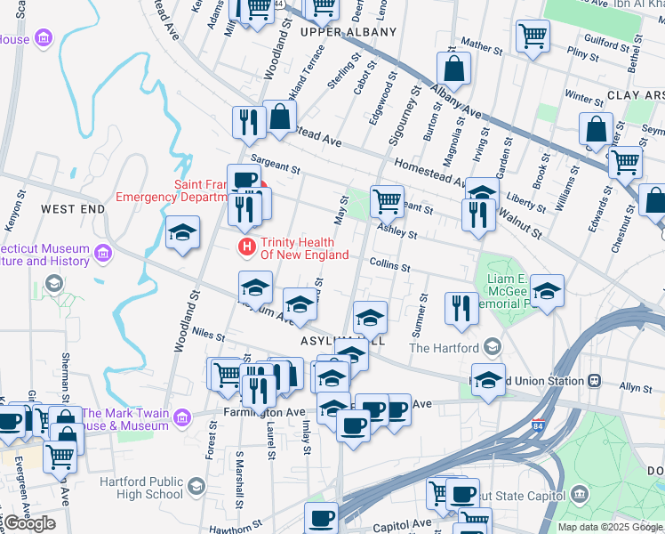 map of restaurants, bars, coffee shops, grocery stores, and more near 273 Collins Street in Hartford