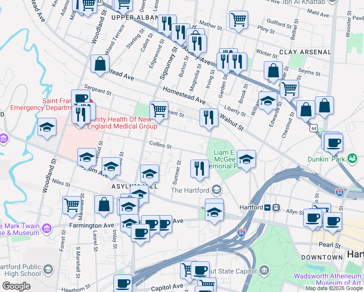 map of restaurants, bars, coffee shops, grocery stores, and more near 59 Ashley Street in Hartford