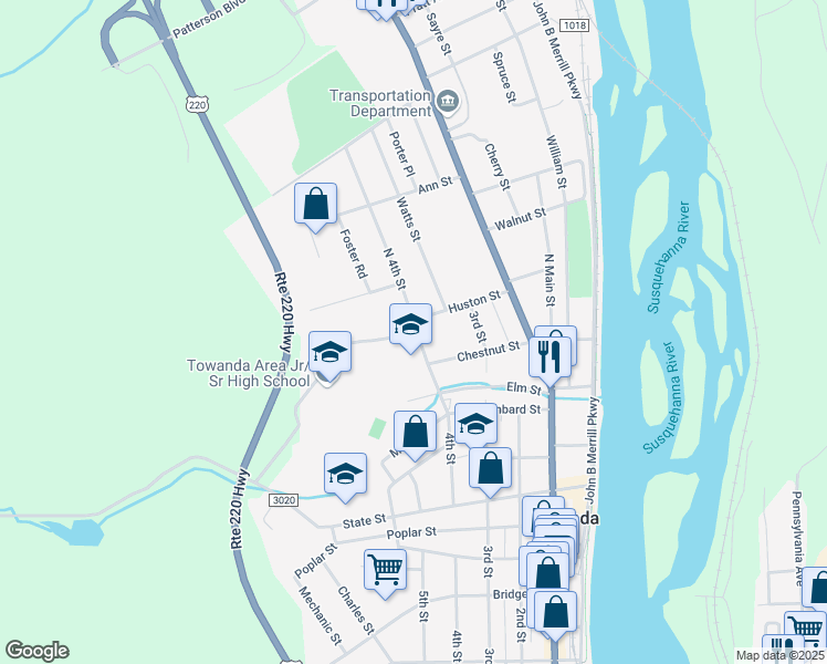 map of restaurants, bars, coffee shops, grocery stores, and more near 1 High School Drive in Towanda