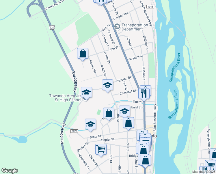 map of restaurants, bars, coffee shops, grocery stores, and more near 1 High School Drive in Towanda
