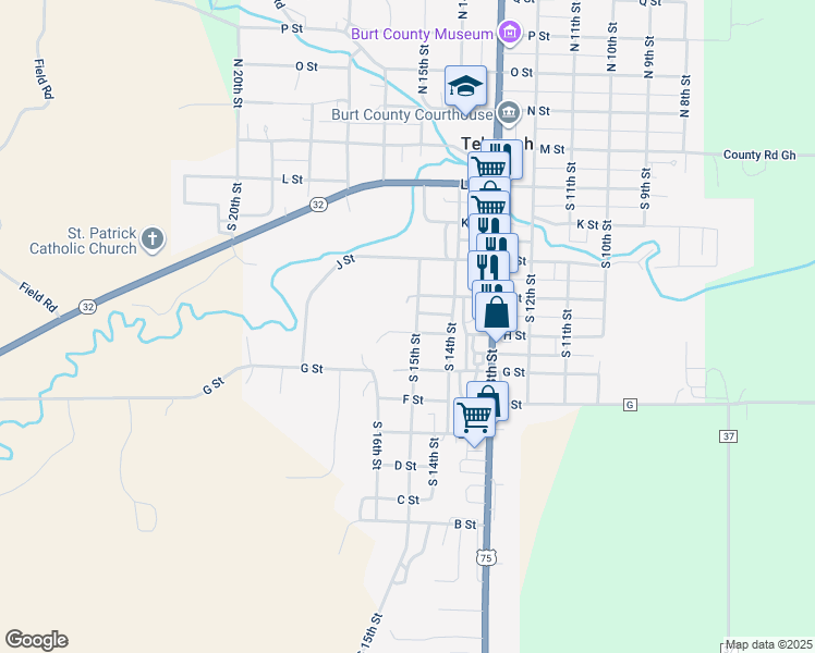 map of restaurants, bars, coffee shops, grocery stores, and more near 522 South 15th Street in Tekamah
