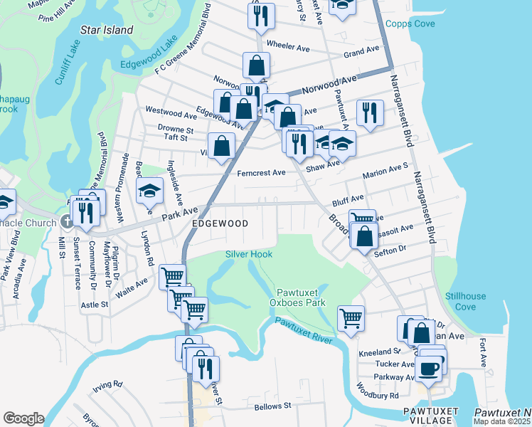 map of restaurants, bars, coffee shops, grocery stores, and more near 61 Park Avenue in Cranston