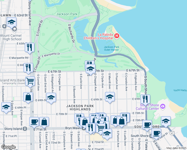 map of restaurants, bars, coffee shops, grocery stores, and more near 6714 South Chappel Avenue in Chicago
