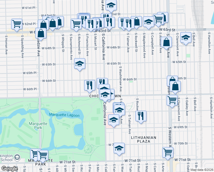 map of restaurants, bars, coffee shops, grocery stores, and more near 6601 South California Avenue in Chicago