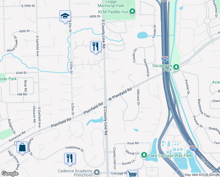 map of restaurants, bars, coffee shops, grocery stores, and more near 6406 Pinecrest Court in Burr Ridge