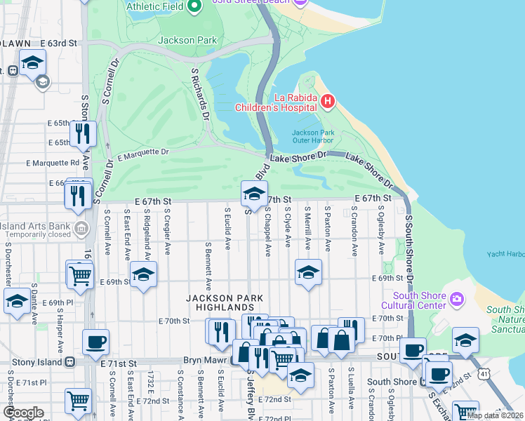 map of restaurants, bars, coffee shops, grocery stores, and more near 6714 South Chappel Avenue in Chicago