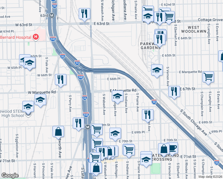 map of restaurants, bars, coffee shops, grocery stores, and more near 6669 South Michigan Avenue in Chicago