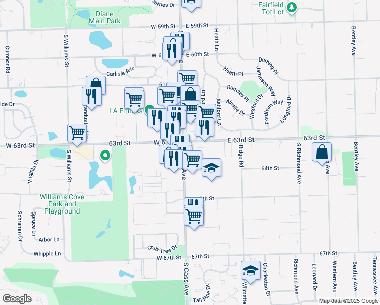 map of restaurants, bars, coffee shops, grocery stores, and more near 19 East 63rd Street in Westmont