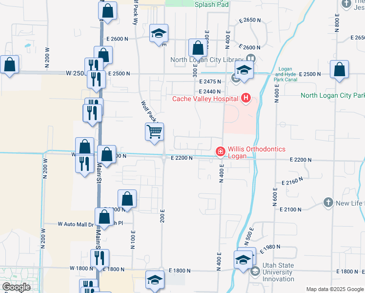 map of restaurants, bars, coffee shops, grocery stores, and more near 267 East 2230 North in North Logan