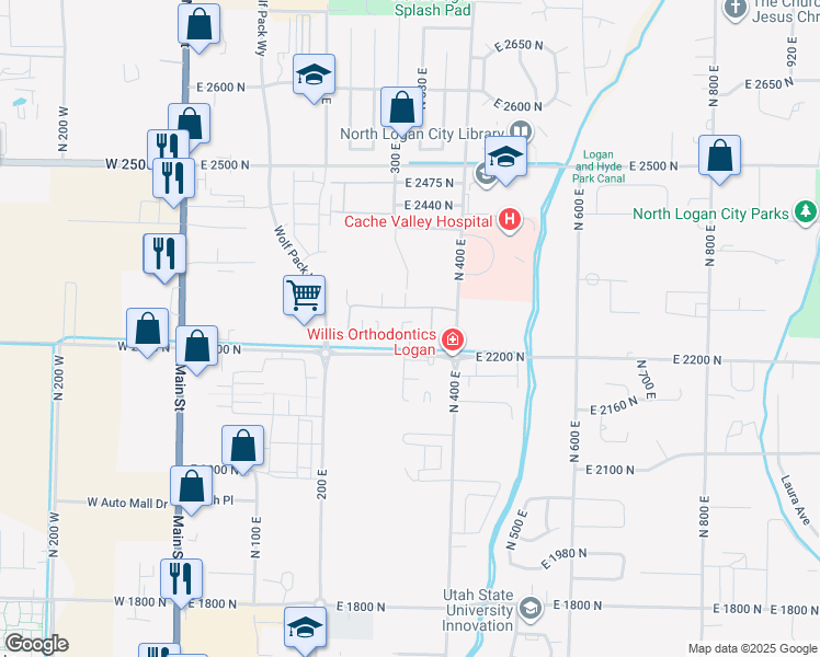 map of restaurants, bars, coffee shops, grocery stores, and more near 327 East 2230 North in North Logan