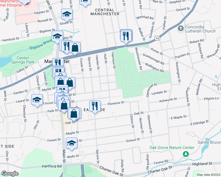 map of restaurants, bars, coffee shops, grocery stores, and more near 109 Holl Street in Manchester