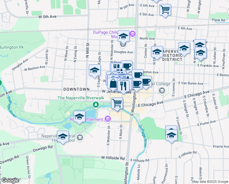 map of restaurants, bars, coffee shops, grocery stores, and more near 130 West Jefferson Avenue in Naperville