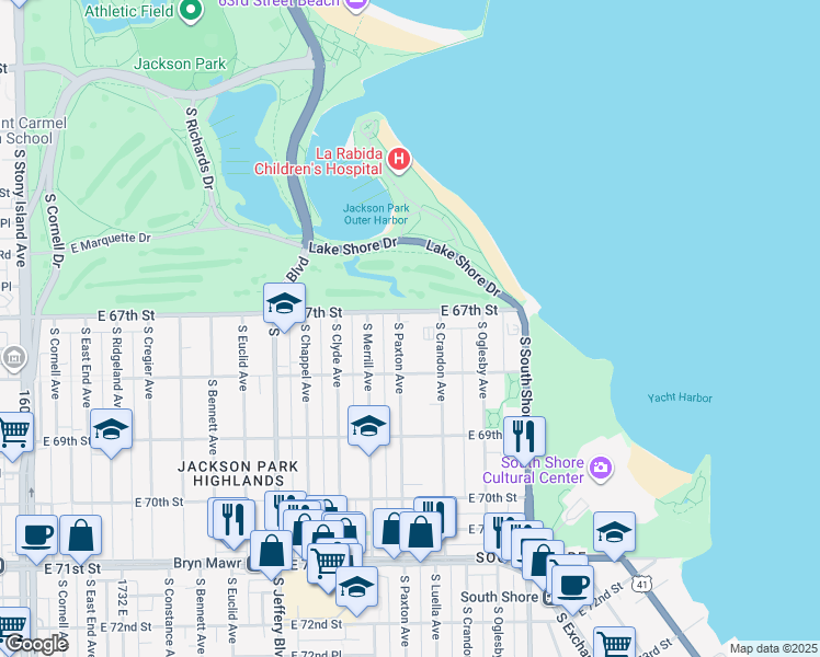 map of restaurants, bars, coffee shops, grocery stores, and more near 6715 South Paxton Avenue in Chicago