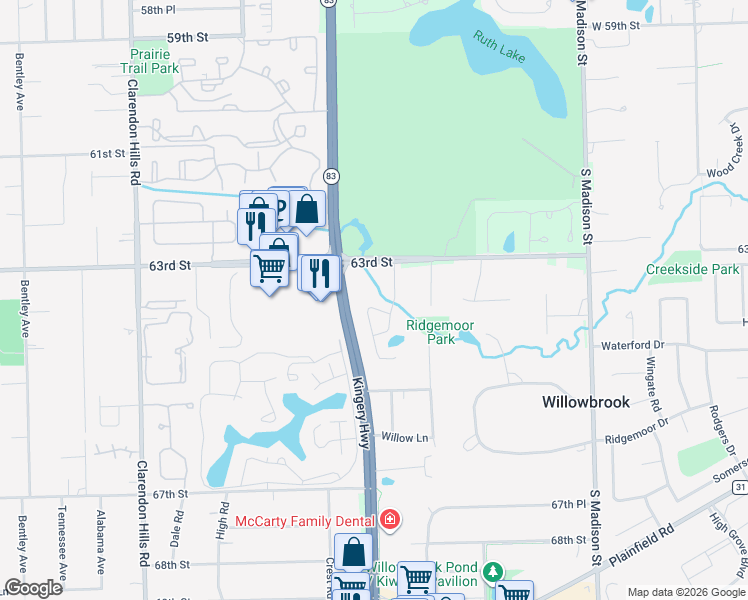 map of restaurants, bars, coffee shops, grocery stores, and more near 854 Turnberry Lane in Willowbrook