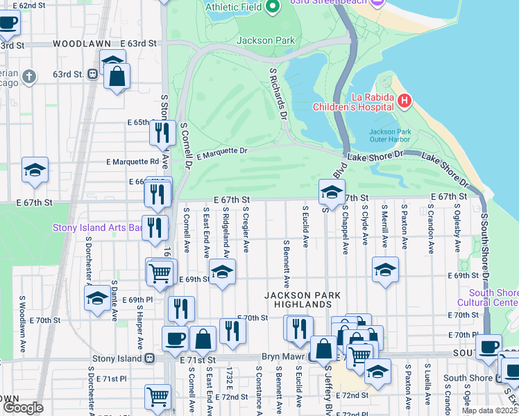 map of restaurants, bars, coffee shops, grocery stores, and more near 1809 East 67th Street in Chicago
