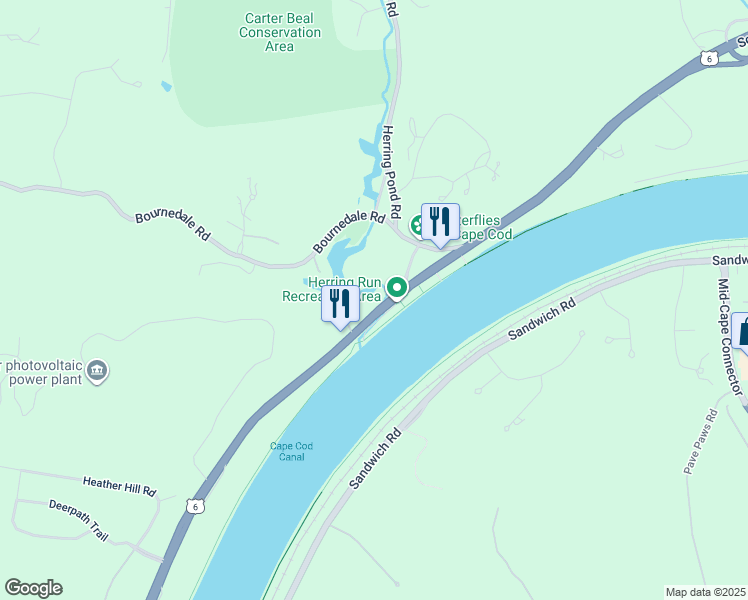 map of restaurants, bars, coffee shops, grocery stores, and more near 825 Scenic Highway in Bourne